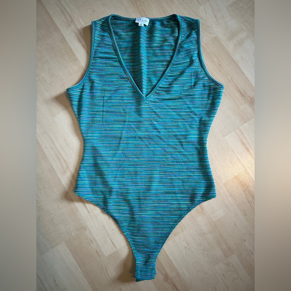 Le Lis Green Stripes V-Neck Bodysuit - Small